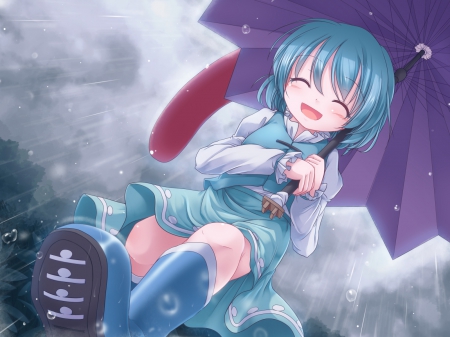 I Love Rainy Days - touhou, rain, umbrella, anime, water, tatara kogasa, happiness, boots