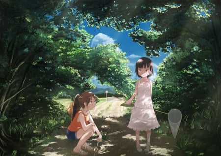 Childhood In The Summer Days - clouds, trees, anime, summer, road, dress, grass, short hair, friends, sky