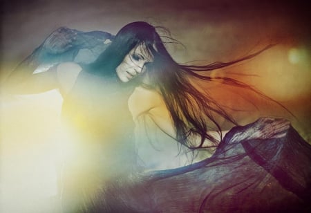 Wind - veil, wind, brunette, woman