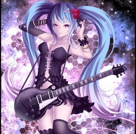 Guitar - pretty, miku hatsune, twin tail, female, guitar, blue hair, nice, spendid, abstract, gown, hot, beauty, cg, wonderful, sexy, vocaloid, anime, twintail, dress, hatsune miku, long hair, aqua, purple, gorgeous, plain, hd, twin tails, anime girl, twintails, beautiful, girl, simple, lovely, sweet, miku, awesome, hatsune, vocaloids