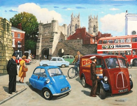 Happy Days - policeman, vintage, people, artwork, cars, buildings, england, bicycle