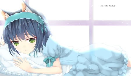 Close to You - pretty, anime, female, blue, dress, nekomimi, emotional, short hair, bed, sad, blue hair, plain, pillow, sorrow, nice, neko, anime girl, laying, beautiful, girl, simple, beauty, lovely, bedroom, sweet, white, neko mimi, lay