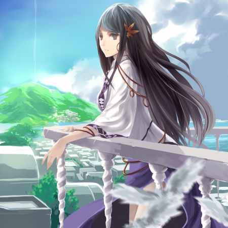 Balcony - pretty, anime, female, scenery, scene, long hair, home, mountain, look, hd, nice, balcony, see, sky, house, hill, anime girl, beautiful, girl, scenic, beauty, lovely, sweet, looking, cg, cloud