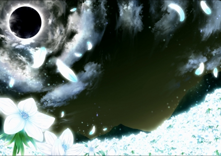 Eclipse ã‚€ Shade - flower, flying, magic, scenery, fantasy, bright, field, scenic, blowing, cloud, float, magical, dark, anime, cg, petals, glowing, lovely, realistic, fly, black, blow, flowing, beautiful, white, eclipse, shine, flow, pretty, glow, beauty, sweet, night, hd, sky, nice, moon, shining, scene, star