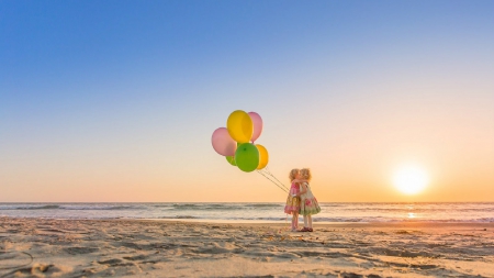 ~  Beach Hugs~ - beach, balloons, children, hugs