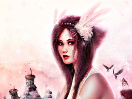 Fantasy girl - pink, bird, feathers, girl, frumusete, art, white, fantasy, castle, woman