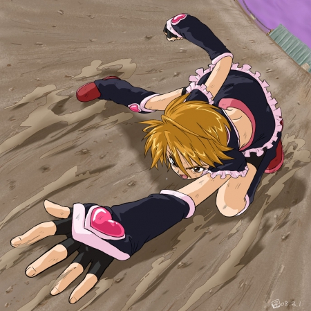 Cure Black - female, crawl, pretty cure, anime girl, black, angry, misumi nagisa, brown hair, precure, brown, sinister, anime, cure black, sand, short hair, nagisa, girl, mad, magical girl, futari wa precure, crawling, pink, dress