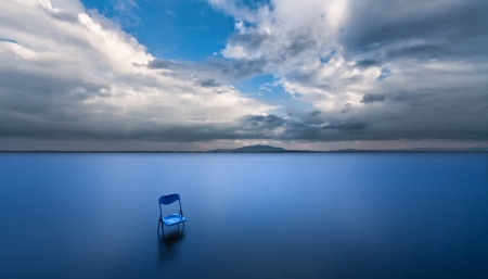 Take a Seat ! - nature, lake, chair, clouds, blue, wonderful