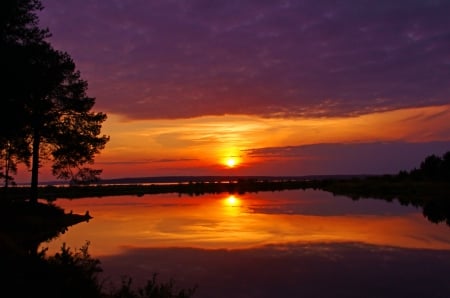 Honey evening - honey, summer, sundown, romantic, amazing, evening, reflection, lake, sky, sun, clouds, water, beautiful, lovely, orange, glow, river, sunset, rays, fiery