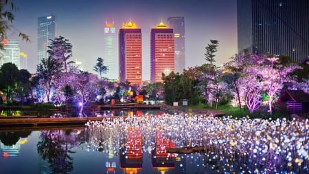 wonderfully colored city park - trees, lights, skyscrapers, lake, dusk, city, color, park