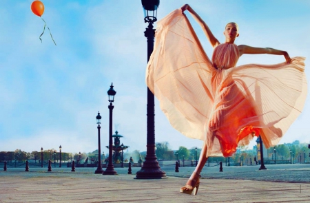 A Beautiful Day - wallpaper, model, flowing, beautiful, veil, girl, dress, elegant, paris, lady, nice, photography, balloon, orange, woman, fashion