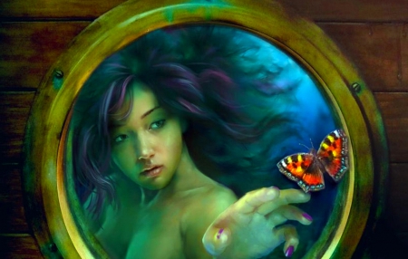 Mermaid and Butterfly - syren, beautiful, girl, beauty, cg, fantasy, mermaid, digital, woman, art, wallpaper