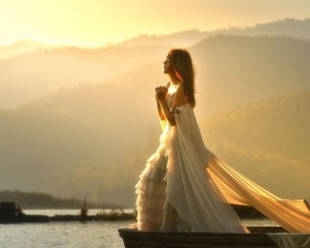 Women - vehicles, boats, praying, hope, dress, mountains