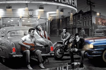 Legendary Crossroads - marilyn monroe, cars, motorbikes, guitar, james dean, humphrey bogart, music, movies, elvis presley