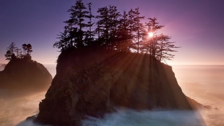 amazing rock islands on a seashore - boulders, trees, islands, sunset, shore, sea