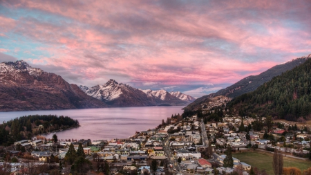 wonderful lake town in new zealand - lake, mountains, town, clouds, sunset