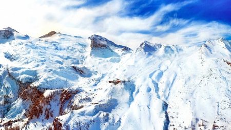 ski runs on spectacular mountains in winter hdr - lifts, ski, trees, hdr, snow, mountains, sky