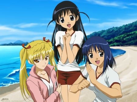 Together At The Beach - School Uniforms, PE Clothes, Anime, Sawachika, Anime Friends, Eri Sawachika, Tsukamoto, Blue Hair, Eri, Mikoto, School Rumble, Beach, Ocean, School Girls, Blonde, Twin Tails, Suou, Anime Girls, Blue Sky, Tenma Tsukamoto, Tenma, Mikoto Suou, Friends