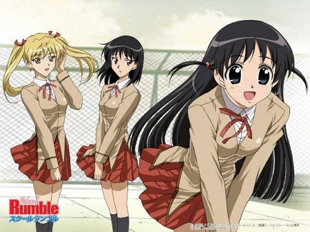 Hangin' Out On The Roof - anime friends, tsukamoto, school girls, big eyes, blonde, sawachika, tenma tsukamoto, eri, seifuku, yakumo tsukamoto, school rumble, anime girls, anime sisters, twin tails, sisters, anime, school uniform, yakumo, long hair, eri sawachika, friends, black hair, tenma