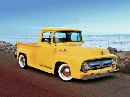 1956-Ford-F-100 - classic, yellow, whitewalls, truck