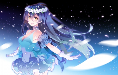 Yumenotobira - pretty, anime, kawaii, female, blue, maiden, long hair, happy, gorgeous, dancing, nice, smiling, anime girl, beautiful, girl, beauty, lovely, sweet, petals, cg, smile, lady, awesome, cute, dance, black hd