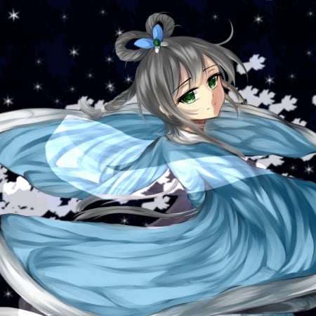 Luo Tianyi - pretty, anime, vocaloid, female, blue, dress, long hair, plain, Luo Tianyi, dancing, nice, gown, anime girl, beautiful, girl, simple, beauty, lovely, sweet, black hair, dance, vocaloids