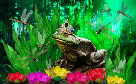 Frog King - Viola Tricolor, pond, wood, water lilies, crown, forest, prince, fantasy, king, dragonflies, design, green, art, frog