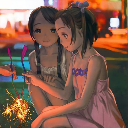 FireWorks - sitting, fun, sundress, anime girl, enjoy, black hair, fire, friendships, fireworks, adorable, long hair, beautiful, sweet, friends, dress, happy, nice, realistic, beauty, female, enjoying, having fun, pretty, hanami, anime, sit, scene, girl, braids, night, lovely, cg, hd, kawaii, play, scenery