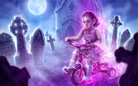 Little ghost - bike, bicicleta, tomb, fantasy, halloween, fantoma, cross, art, luminos, little girl, moon, cemetery, girl, night, child, copil, ghost, blue, pink, bycicle