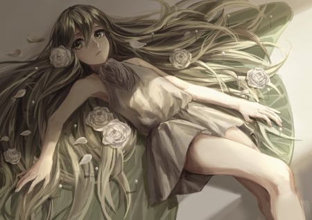 Fallen Beauty - pretty, anime, female, blossom, maiden, dress, ladden, lying, gloomy, long hair, emotional, gloom, sad, hd, sorrow, nice, gown, anime girl, laying, serious, beautiful, girl, beauty, lovely, sweet, flower, fall, cg, floral, lay