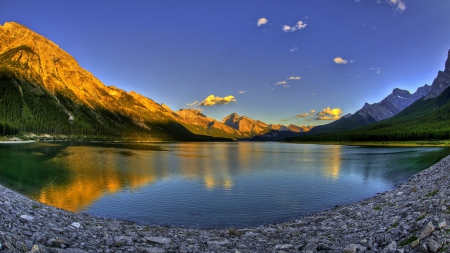 gorgeous mountain lake at sunrise - sky, lake, srones, shore, mountains, sunrise