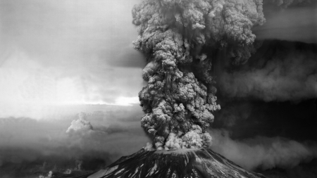 mount st helens eruption - volcano, sream, mountain, eruption, black and white