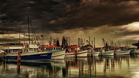 fishing boats in a marina under stormy skies hdr - reflections, boats, clouds, marina, hdr, storm