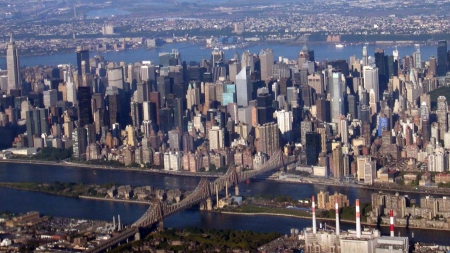 aerial view of 59th st bridge in nyc - view, aerial, river, city, island, bridge