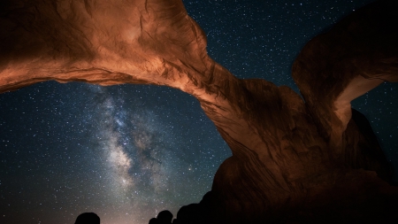 natural rock bridge under starry sky in utah - arch, sky, stars, night, rock, bridge