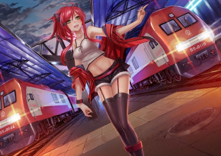 Train Station - nice, realistic, beauty, female, hot, anime girl, train, pretty, redehead, anime, scene, maiden, lady, sexy, station, light, long hair, night, red hair, lovely, jacket, cg, hd, train station, beautiful, scenery, sweet, coat