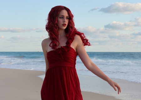 Beauty - the sky, dress, girl, red hair, make-up, the sea, the waves, red, face