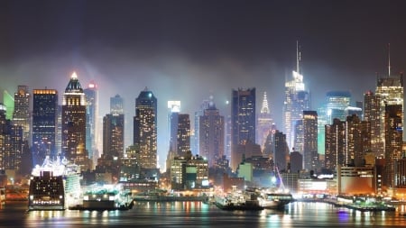 piers on west side of manhattan on a foggy night - river, ships, night, fog, city, piers, lights, skyscrapers