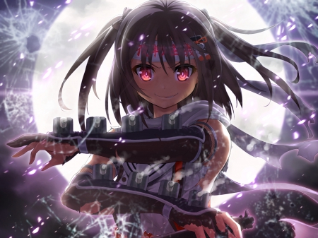 Kantai - anime, female, night, evil, long hair, dark, scary, hd, sorrow, sparks, scare, creepy, anime girl, creep, girl, red eyes, cg, glow, sinister, black hair, eerie