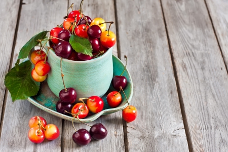 Cherries - cherries, fruits, wooden, cherry, cup