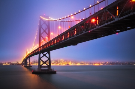 Bay Bridge, San Francisco - ocean, city lights, beautiful, dusk, bridge, bay, cable