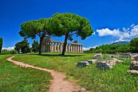 Paestum_Italy - italy, temples, grass, sky, architecture, panorama, clouds, view, landscapaes, greek, italia, trees, ruins, nature, ancient, green