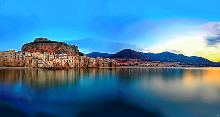 Cefalu_Italy - town, sea, Italia, architecture, village, homes, ancient, view, lights, Italy, landscapes, panorama, mountains, sun