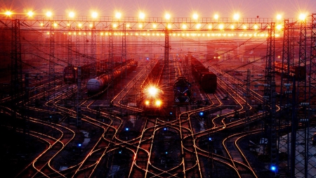 railroad yard in wuhan china at night - railroad, night, tracks, trains, yard, lights