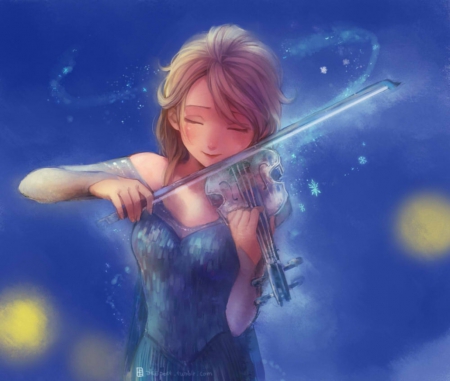 Violin - pretty, female, blue, maiden, blonde, blond hair, long hair, sublime, music, melody, gorgeous, blond, plain, hd, movie, nice, spendid, beautiful, violin, girl, simple, blonde hair, beauty, lovely, sweet, playing, cg, wonderful, frozen, awesome, disney, elsa