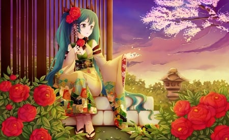 Miku - girl, hatsune, pretty, vocaloid, anime, kimono, miku, flowers, cute