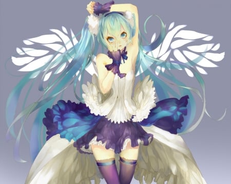 Hatsune Miku - anime, vocaloid, female, wing, miku hatsune, twintail, dress, hatsune miku, angel, green hair, long hair, hd, anime girl, twintails, girl, cg, miku, twin twins, wings, hatsune, vocaloids