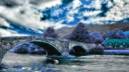 wondrous cottage at end of a bridge - river, crane, cottage, bridge