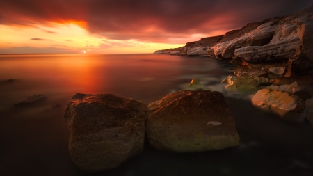 magical rocky seashore at sunset hdr - calm, shore, sunset, mist, hdr, sea, rocks