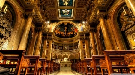 splendid church interior in rome - columns, ceiling, benches, alter, interior, church